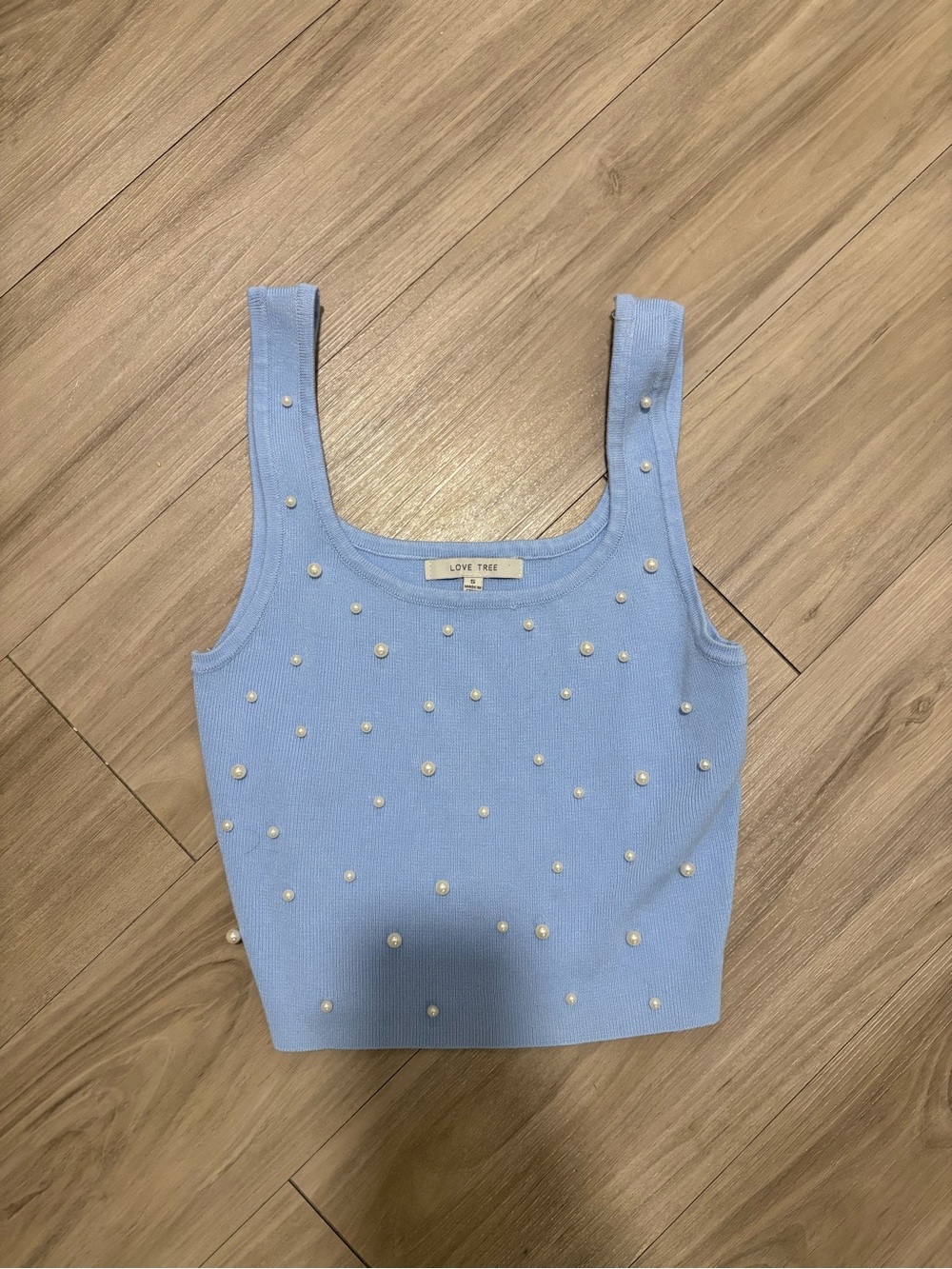 Love Tree Powder Blue Pearl-Studded Knit Tank